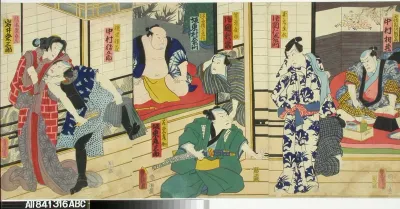 Näyttelijät Nakamura Aizo, Kataoka Nizaemon VIII, Kataoka Gato, Bando Muraemon, Bando Hikosaburo IV, Nakamura Karsugoro ja Iwai Kumesaburo näytelmässä Date kurabe O-Kuni kabuki (Tanssinäytelmä Daten sukuriidasta)