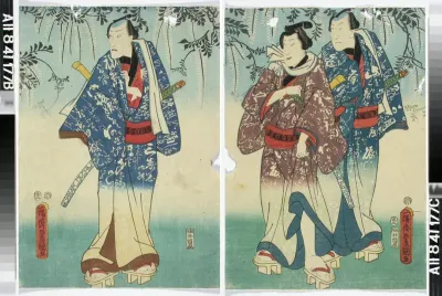 Näyttelijät Nakamura Fukusuke, Ichikawa Danjuro VIII sekä tunnnistamaton näyttelijä otokodate-rooleissa