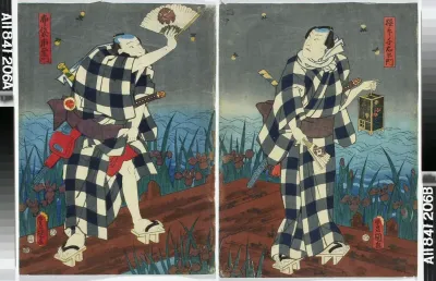 Näyttelijät Nakamura Fukusuke ja Seki Sanjuro III (?) näytelmässä Gonin otoko isoji no tateire (Viiden miehen viisikymmentä urotekoa)