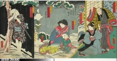 Näyttelijät Nakamura Kakuzo, Onoe Kikujiro, Bando Mitsugoro ja Ichikawa Ichizo näytelmässä Ayatsuri kabuki ogi (Nukketeatteri-kabuki)