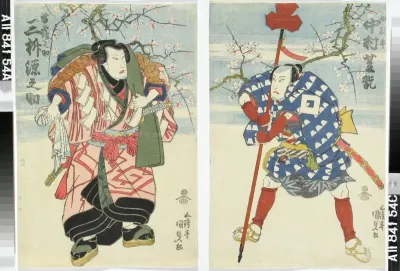 Näyttelijät Nakamura Shikan ja Mimasu Gennosuke näytelmässä Furisode Soga (Soga liehuvahihaisessa kaavussa)