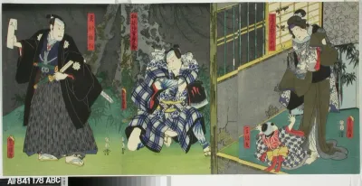 Näyttelijät Nakamura Tomijuro II, Ichikawa Danjuro VIII ja Arashi Kichisaburo III näytelmässä Umeyanagi sakigake soshi (Kertomus varhain kukkivista luumupuista ja pajuista)