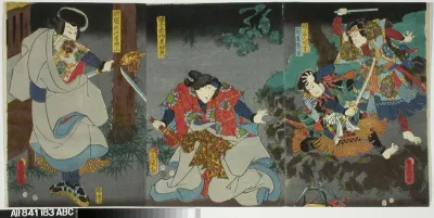 Näyttelijät Nakamura Tomijuro II ja Ichikawa Danjuro VIII näytelmässä Umeyanagi sakigake soshi (Kertomus varhain kukkivista luumupuista ja pajuista)