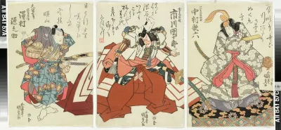 Näyttelijät Nakamura Utaroku, Ichikawa Danjuro ja Sawamura Gennosuke näytelmässä Yoshitsune sembonzakura (Tuhat kirsikkapuuta)