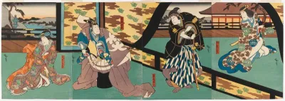 Näyttelijät Nakayama Nanshi II Chidorin, Gentan rakastetun roolissa, Jitsukawa Enzaburô I Kajiwara Gentan roolissa, Nakamura Utaemon IV Kajiwara Heijin roolissa ja Mimasu Daigorô IV Enjun, Gentan ja Heijin äidin roolissa kabuki-näytelmässä Hiragana s
