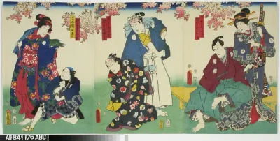 Näyttelijät Onoe Baiko, Ichikawa Danjuro VIII ja neljä muuta näyttelijää näytelmässä Godairiki (Viisi voimamiestä)