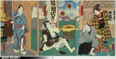 Näyttelijät Onoe Baiko, Ichikawa Ichizo, Ichikawa Kodanji IV ja Ichikawa Danjuro VIII näytelmässä Hana no Misaka nekomata soshi (Misakan kummituskissa)