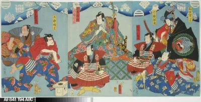 Näyttelijät Onoe Baiko, Ichimura Uzaemon XII, Matsumoto Kinsho, Nakamura Utaemon IV, Ichikawa Danzo V, Ichikawa Danjuro VIII ja Sawamura Sojuro V. Soga-veljesten tarinan päähenkilöitä