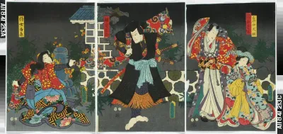 Näyttelijät Onoe Baiko, Nakumura Fukusuke(?), Ichikawa Kuzo ja Onoe Kikujiro(?) tunnistamattomassa näytelmässä