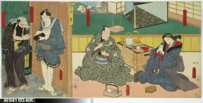 Näyttelijät Onoe Baiko, Seki Sanjuro III, Ichikawa Danjuro VIII ja Ichikawa Kodanji IV näytelmässä Genyadana (Heikkoluonteisen Yosaburon tarina)