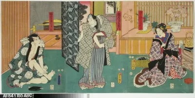 Näyttelijät Onoe Baiko, Seki Sanjuro III ja Ichikawa Danjuro VIII näytelmässä Genyadana (Heikkoluonteisen Yosaburon tarina)