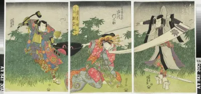 Näyttelijät Onoe Kikugoro III, Ichikawa Monnosuke ja Seki Sanjuro II näytelmässä Ise heishi ume no mitekura (Jumalille uhrattu luumupuu)