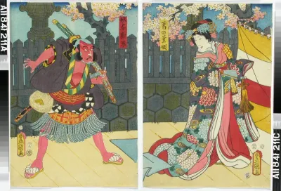 Näyttelijät Onoe Kikugoro IV ja Ichikawa Kodanji IV näytelmässä Utsunoya toge (Utsunoyan vuoritie)