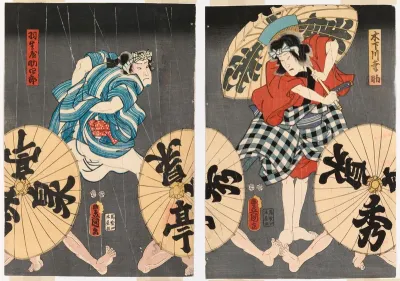 Näyttelijät Onoe Kikujiro ja Tomomatsu näytelmässä Kikugasane yuzuri no sugatami (Krysanteeminvärinen perintöviitta)