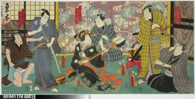 Näyttelijät Onoe Kikujuro, Arashi Kichisaburo, Ichikawa Koraizo, Onoe Baiko, Ichikawa Danjuro VIII ja Kozo näytelmässä Godairiki (Viisi voimamiestä)