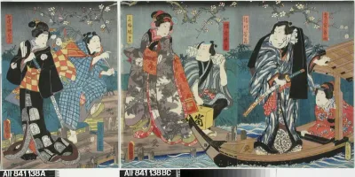 Näyttelijät Saruzo Ichikawa Danjuro VIII, Seki Sanjuro III ja Ichikawa Kodanji IV ja Onoe Baiko näytelmässä Mimasu no Date-zome (Upea näyttelijän viitta)