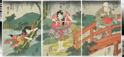Näyttelijät Sawamura Gennosuke, Ichikawa Danjuro VII ja Iwai Shijaku näytelmässä Date kurabe O-Kuni kabuki (Tanssinäytelmä Daten sukuriidasta)