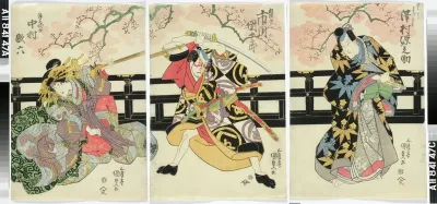 Näyttelijät Sawamura Gennosuke, Ichikawa Danjuro VII ja Nakamura Utaroku näytelmässä Sakigake Genji no kiba musha (Taisteluun kiiruhtava Minamoto-ratsumies)