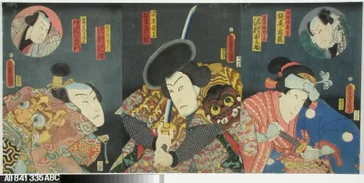 Näyttelijät Sawamura Tanosuke, Bando Hikosaburo IV ja Sawamura Tossho näytelmässä Sano keizu Soga no goshozome (Soga-suvun silkkiviitta)