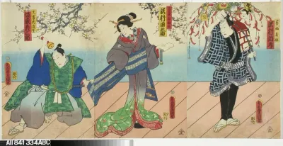 Näyttelijät Sawamura Tossho, Sawamura Tanosuke ja Bando Hikosaburo IV näytelmässä Sano keizu Soga no goshozome (Soga-suvun silkkiviitta)