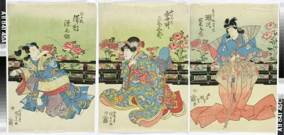 Näyttelijät Segawa Kikunojo V, Iwai Kumesaburo ja Sawamura Gennosuke tunnistamattomassa kabuki-näytelmässä