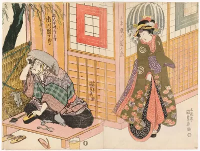 Näyttelijät Segawa Kikunojo V ja Ichikawa Danjuro VII näytelmässä Imose no en risho kumi-ito (Miehen ja vaimon kohtalon punos)