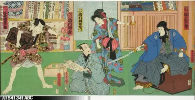 Näyttelijät Seki Sanjuro III, Ichimura Uzaemon, Ichikawa Danzo ja Kawarazaki Gonjuro näytelmässä Aotozoshi hana no nishikie (Loistelias kuvakirja Aoton tarinasta)