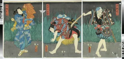 Näyttelijät Seki Sanjuro III, Nakamura Fukusuke ja Iwai Kumesaburo näytelmässä Wakaki no mume Satomi no yatsubuki (Satomin nuoret luumupuut)
