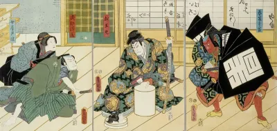 Näyttelijät Yoroku, Ichikawa Kodanji IV, Kamezo ja Bando Hikosaburo näytelmässä Sugawara denju tenarai-kagami (Kaunokirjoitusta Sugawaran oppien mukaan)