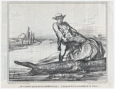 Ne t'assoies pas là-dessus malheureuse!.... c'est peut-être le crocodile de la Patrie!...., from Actualités, published in Le Charivari, July 8, 1858