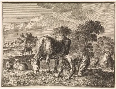 Nebukadnezar kruipt te midden van het vee over de grond