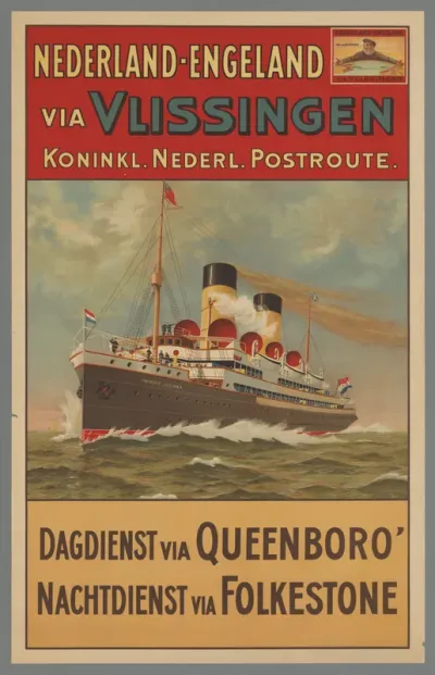 Nederland-Engeland via Vlissingen. Koninkl. Nederl. Postroute. Dagdienst via Queenboro. Nachtdienst via Folkstone