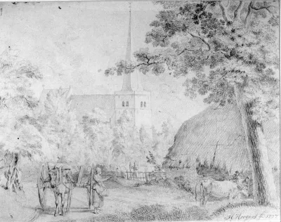 Nederlands Hervomde kerk met boerderij, tekening  in rood krijt door Hendrik Hoogers (1747-1814) ; Op de keerzijde van het blad "Groesbeek 2 Ueren van Nijmegen"