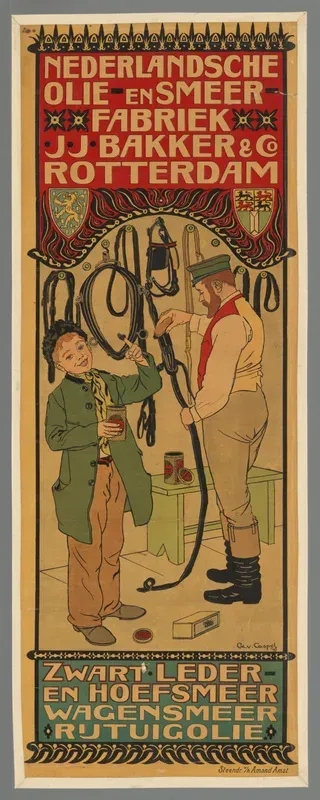 Nederlandsche olie- en smeerfabriek J.J. Bakker Rotterdam. zwart leder- en hoefsmeer wagensmeer rijtuigolie