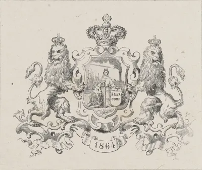 Nederlandse Maagd en de Nederlandse Leeuw in een geornamenteerde omlijsting met een kroon, twee leeuwen en het jaartal '1864'