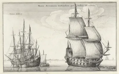Nederlandse Oost-Indiëvaarder en twee oorlogsschepen