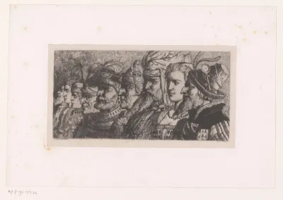 Negen figuren in historische kledij op een rij