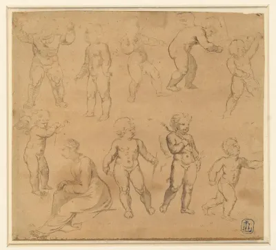 Negen studies van putti en een naar links zittende vrouw