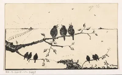 Negen vogels op boomtakken