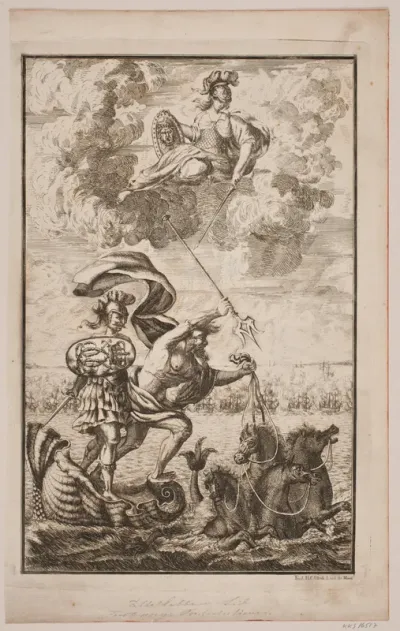 Neptun farende over havet. Titelblad til Fontenay, "Söe-Evolution"; København 1743