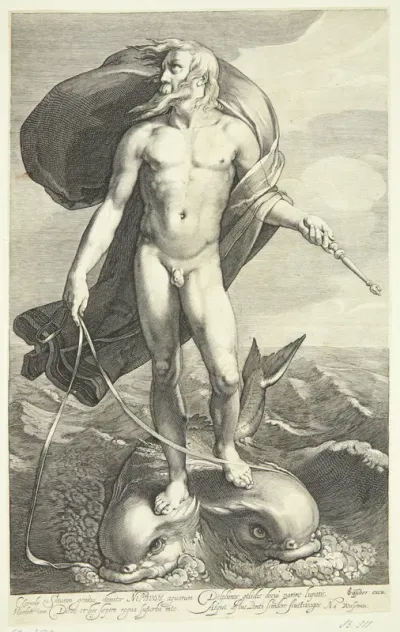 Neptun ridende på to delfiner