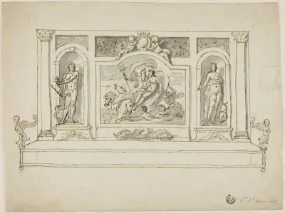 Neptune and Amphitrite Flanked by Jupiter and Juno: Design for Painted Hall or Garden Bench