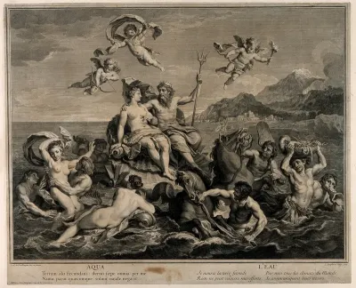 Neptune and Amphitrite sit on a scallop shell chariot amidst the waves, surrounded by nereids and tritons; representing the element water