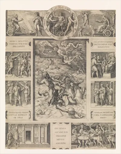 Neptune calming the tempest which Aeolus raised against Aeneas' fleet, from Book I of the Aeneid