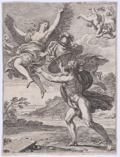 Neptune pursuing Coronis; Minerva interposes herself and turns Coronis into a crow