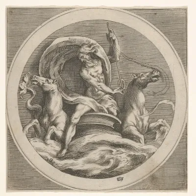 Neptune rising from the sea and bearing a staff, accompanied by two horse-headed sea creatures, reverse copy after a series of engravings by Cherubino Alberti of mythological scenes after Polidoro da Caravaggio