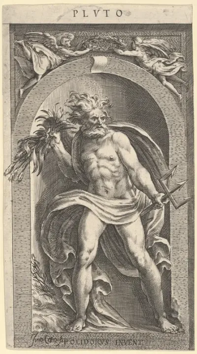 Neptune standing in a niche holding a trident in his left hand, foliage in his right