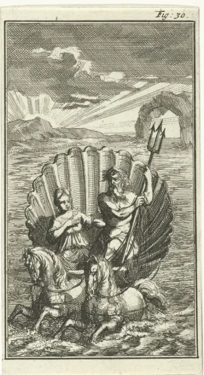 Neptunus en Amphitrite op een schelp voortgetrokken door zeepaarden