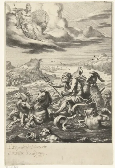Neptunus in triomfwagen kalmeert zee tijdens Trojaanse oorlog