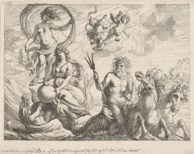 Neptunus met zijn paardenwagen op zee